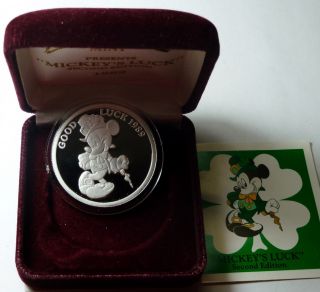 Disney Mickeys Good Luck 1 Troy Oz.  999 Fine Silver Coin Rarities Case photo