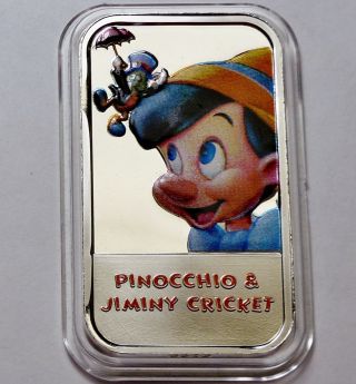 Disney Pinocchio & Jiminy Cricket 1 Troy Oz.  999 Silver Bar Ingot Rare photo