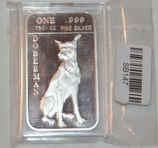 Doberman Proof 1 Troy Oz.  999 Fine Silver Bar Encapsolated And In photo