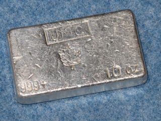 Johnson Matthey Canada Maple Leaf.  999 Silver 10 Oz Bar Old Poured Type B6963 photo