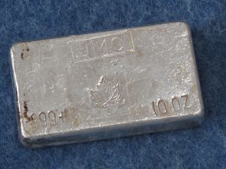Johnson Matthey Canada Maple Leaf.  999 Silver 10 Oz Bar Old Poured Type B6964 photo