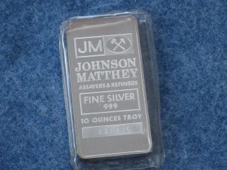 Johnson Matthey.  999 Silver 10 Oz Ingot Bar Bu Struck Type Ser 441475 B6957l photo