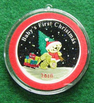 2010 Enameled Baby ' S 1st Christmas Ornament 1 Troy Ounce 999 Silver Round L785 photo