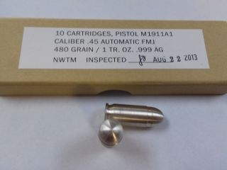 1 Oz Silver.  45 Caliber Fmj Bullet - One Ounce.  999 Fine Silver Bullion Nwtm photo