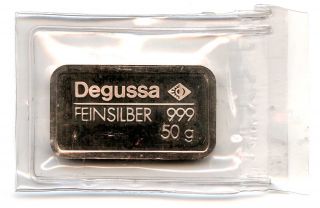 Germany Degussa Feinsilber.  999 Fine Silver 50 Gram Bar Plastic photo
