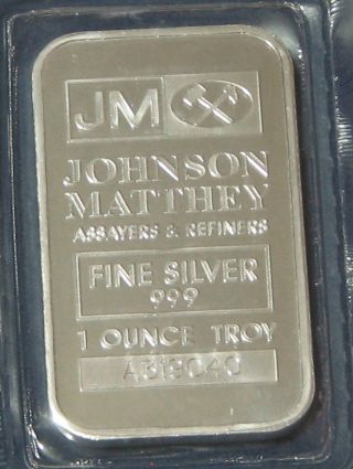 Silver Johnson Matthey 1 Troy Ounce.  999 Fine Silver Bar Jm 1oz.  Bar photo