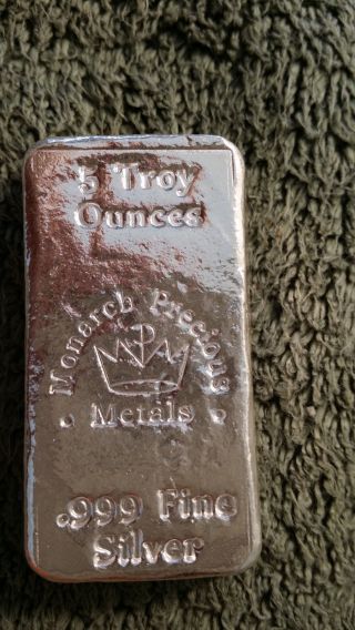 Five Ounce Monach Precious Metals Poured Bar.  999 Fine Silver photo