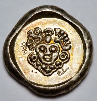 Usvi Mayan Head 1 Troy Oz.  999 Fine Silver Old Poured Ingot Rare Reverse photo
