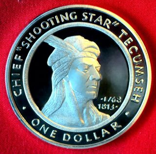 2002 Chief Shooting Star Tecumseh.  999 Silver 1 Oz.  Proof - Shawnee Tribe W/ photo
