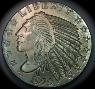 5 Troy Oz.  1929 Incuse Indian Head Coin.  999 Silver Bu $5 Gold Piece Design photo