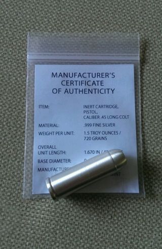 Silver Bullet Bullion 1.  5 Troy Oz - 46.  5grams.  999 Fine Silver.  45 Cal Long Colt photo