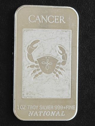 Cancer Zodiac.  999 Silver Art Bar Ingot One Troy Ounce National C8360 photo