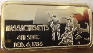1oz Bar Massachusetts.  999 Troy Silver 411 Of 1000 6th State 1788 24 K Plate photo