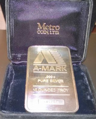 A - Mark 10 Troy Ounce Bar.  999+ Pure Fine Silver photo