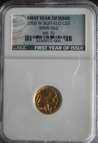 2008 - W 1/10 Oz Gold Buffalo Ms - 70 Ngc First Year Of Issue photo