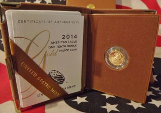 2014 American Gold Eagle $5.  One - Tenth Oz Proof Gold Coin Packaging + photo