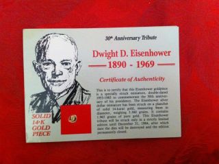 Dwight D Eisenhower American 1984 - 14k Solid Gold Coin & Commemorative Card photo