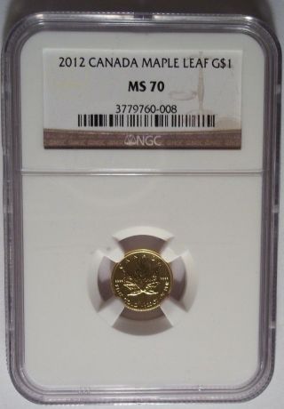 2012 Gold Canada Maple Leaf $1 1/20 Oz Ngc Ms70 One Dollar Canadian Bullion Rare photo