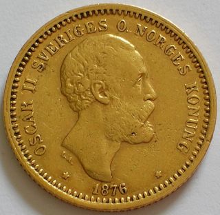 1876 Kingdom Of Sweden Oscar Ii Gold 10 Kronor Coin photo