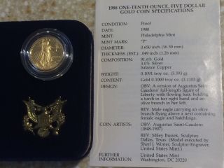 1988 1/10 Oz $5 Gold American Eagle Proof Coin 1/10 Oz, photo