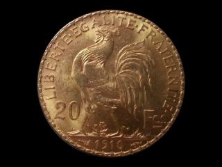 1910 French 20 Franc Rooster Gold Coin Agw.  1867 photo