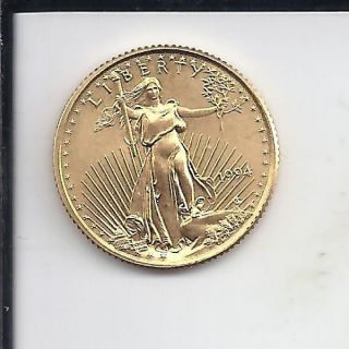 1994 1/10 Oz.  Fine Gold Eagle Saint Gaudens $5 Five Dollar Bu Bullion, photo