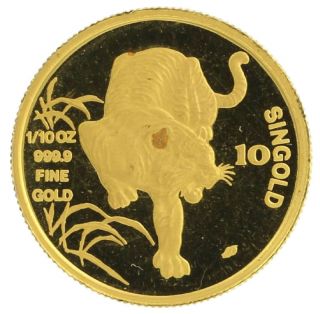 1986 Singapore 1/10 Oz 999.  9 Fine Gold Coin Year Of The Tiger 10 Singold Invest photo