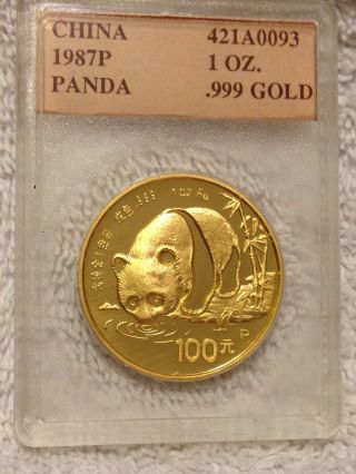 1987p China Panda 1oz.  999 Gold Coin - photo