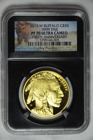 2013 - W $50 Proof Gold Buffalo 100th Anniv.  Ngc Pf70 Ucam Black Retro + Box/coa photo