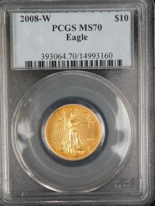 2008 - W,  Ms70,  Pcgs,  $10,  1/4 Oz, .  999 Fine Gold,  Burnished,  American Gold Eagle photo