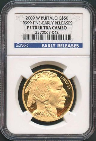 2009 - W $50 Proof Gold Buffalo Early Release Ncg Pf - 70 Ultra Cameo Blue Label photo