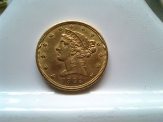 1902 Coronet Head Half Eagle 5.  00 Gold Piece With Full Unc.  Detail photo