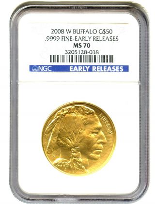2008 - W American Buffalo $50 Ngc Ms70 (early Releases) Buffalo.  999 Gold photo
