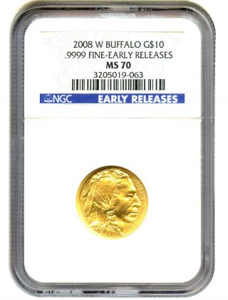 2008 - W American Buffalo $10 Ngc Ms70 (early Releases) Buffalo.  999 Gold photo