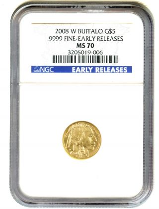 2008 - W American Buffalo $5 Ngc Ms70 (early Releases) Buffalo.  999 Gold photo
