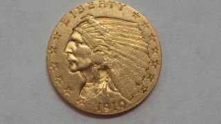 Coinhunters - 1910 Indian Head $2 - 1/2 Gold Quarter Eagle - Almost Uncirculated+,  Au+ photo