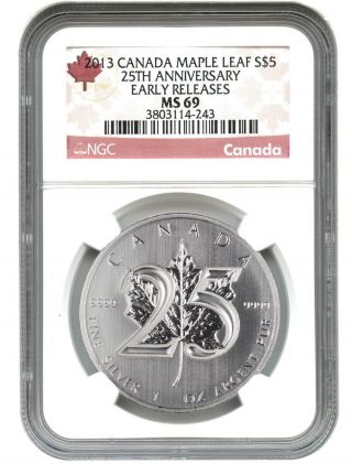 Canada: 2013 Maple Leaf $5 Ngc Ms69 (25th Anniv.  - Early Releases,  Red Label) photo