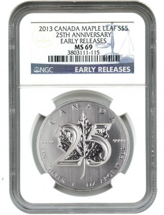 Canada: 2013 Maple Leaf $5 Ngc Ms69 (25th Anniv.  - Early Releases,  Blue Label) photo