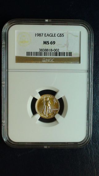 1987 $5 Gold Eagle Ngc Ms69 Tenth Ounce 1/10 Oz Fine Gold Coin Mcmlxxxvii photo
