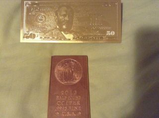 8 Oz. .  9995 Copper Bar 24k 99.  9 Pure Gold Plated 50 Dollar Bill. photo