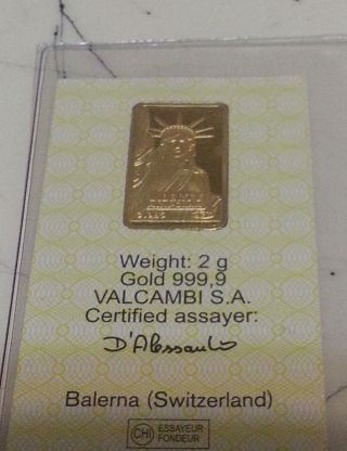 Credit Suisse 2gram 999 Extra Fine Solid Gold Ingot Bullion Bar Inside Card photo