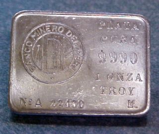 Banco Minero De Peru 1 Troy Oz Silver.  999 Bank Ingot Bar photo