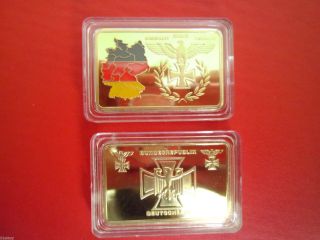 1oz 24k.  999 Rare Pure Solid,  Gold Plated 100 Mills Bullion German Art Bar Ingot photo