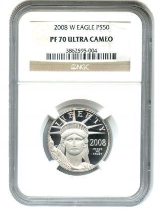 2008 - W Platinum Eagle $50 Ngc Proof 70 Dcam Statue Liberty 1/2 Oz photo