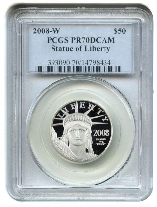 2008 - W Platinum Eagle $50 Pcgs Proof 70 Dcam Statue Liberty 1/2 Oz photo