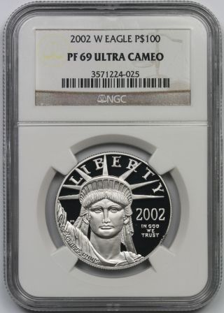 2002 - W Statue Of Liberty One - Ounce Platinum Eagle $100 Pf 69 Ultra Cameo Ngc photo