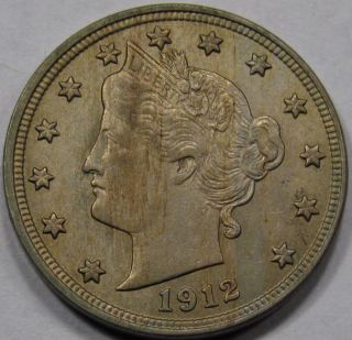 1912 Liberty Head Nickel.  Choice Bu.  Wood Grain Like Toning.  Great Price Compare photo