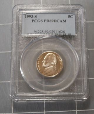 1993 - S Jefferson Nickel Pr69 Dcam Pcgs Proof 69 Deep Cameo Graded Five Cent 5c photo
