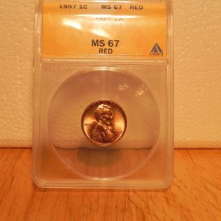 1957 Lincoln Wheat Cent Ms67 Red Graded By Anacs Fair Market Value $1380.  00 photo