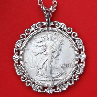 Us 1943 Walking Liberty Silver Au Coin Solid 925 Sterling Silver Necklace photo